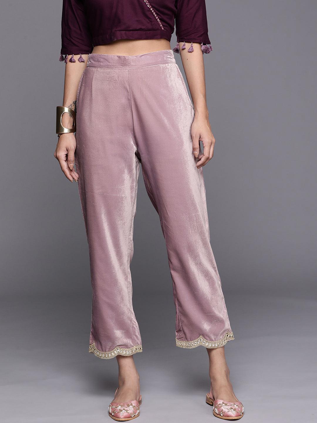 Mauve Solid Velvet Trousers - ShopLibas
