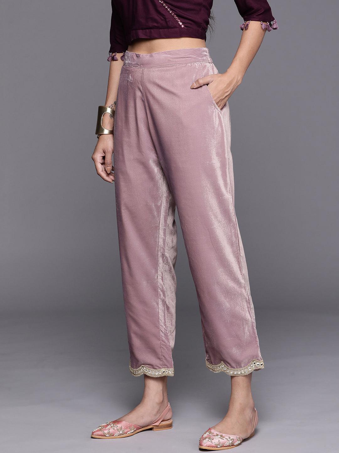 Mauve Solid Velvet Trousers - ShopLibas