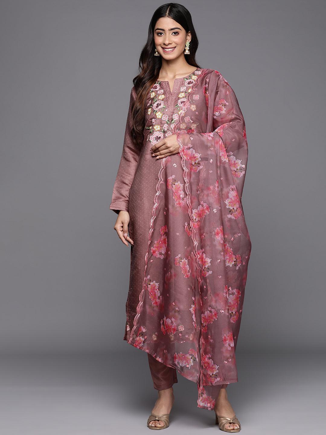 Mauve Yoke Design Silk Blend Straight Suit Set With Trousers - ShopLibas