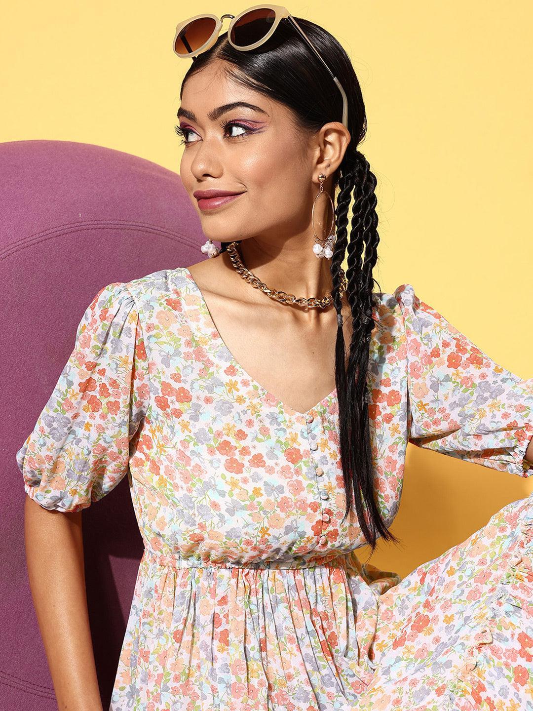 Multicoloured Printed Georgette A-Line Dress - ShopLibas