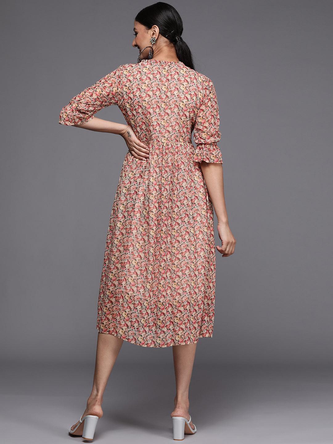 Multicoloured Printed Georgette Fit and Flared Dress - ShopLibas