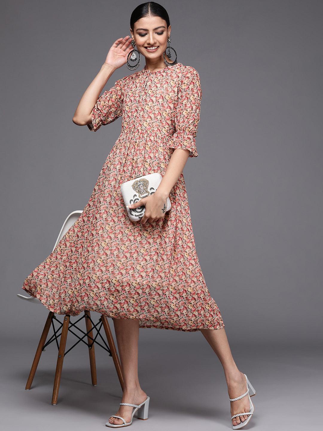 Multicoloured Printed Georgette Fit and Flared Dress - ShopLibas