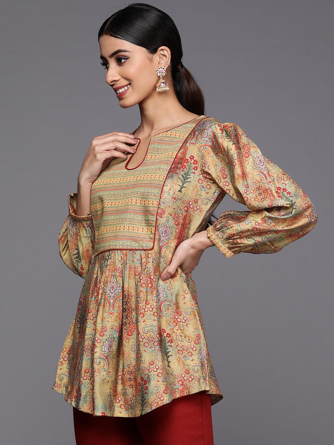 Multicoloured Printed Silk Blend A-Line Kurti - ShopLibas