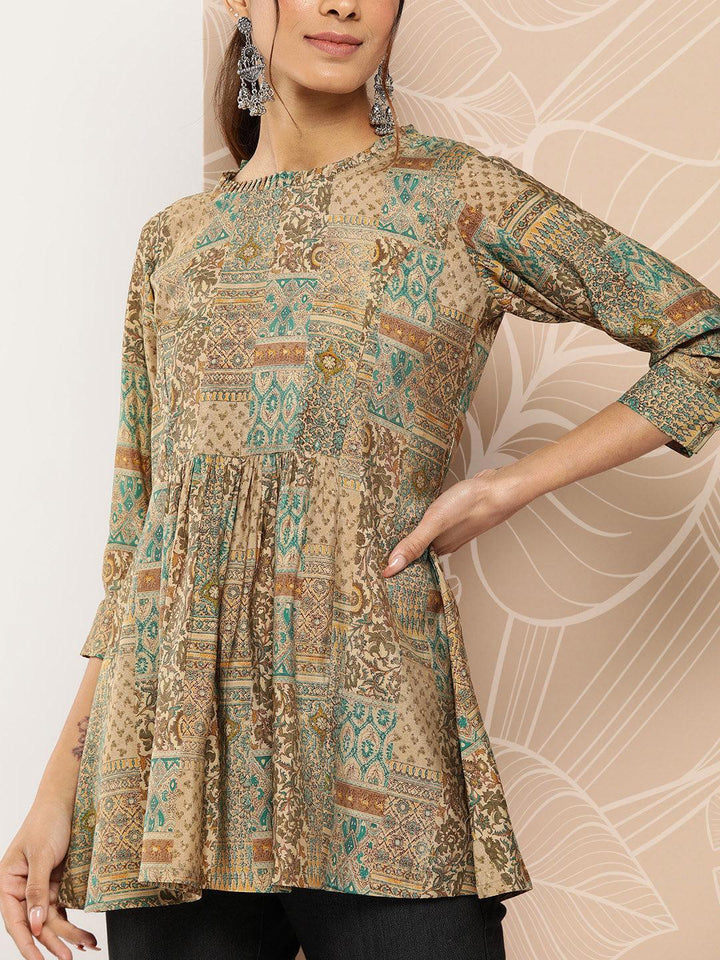 Multicoloured Printed Silk Blend A-Line Kurti