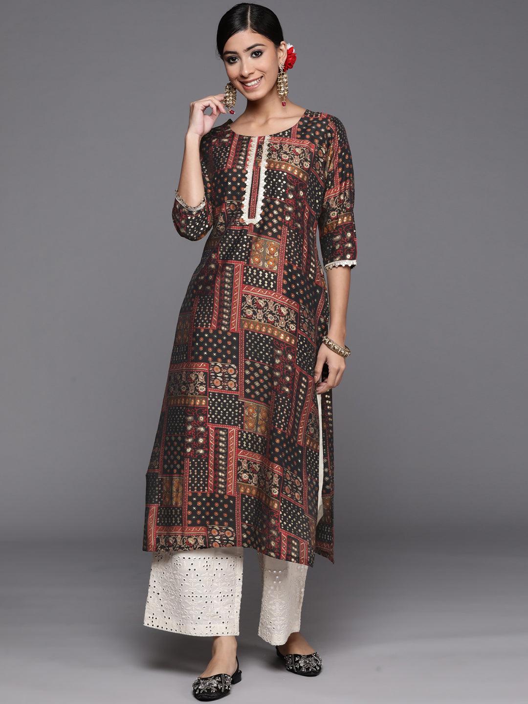 Multicoloured Printed Silk Straight Kurta - ShopLibas