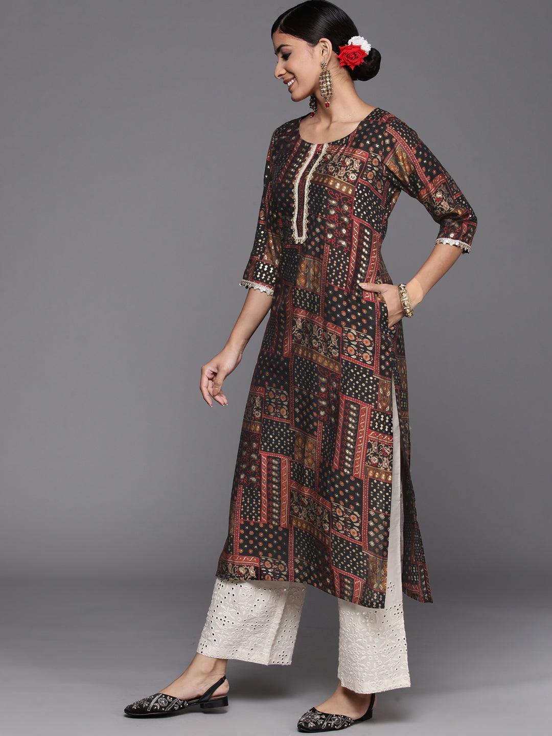 Multicoloured Printed Silk Straight Kurta - ShopLibas