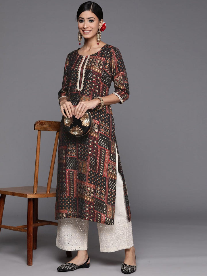 Multicoloured Printed Silk Straight Kurta