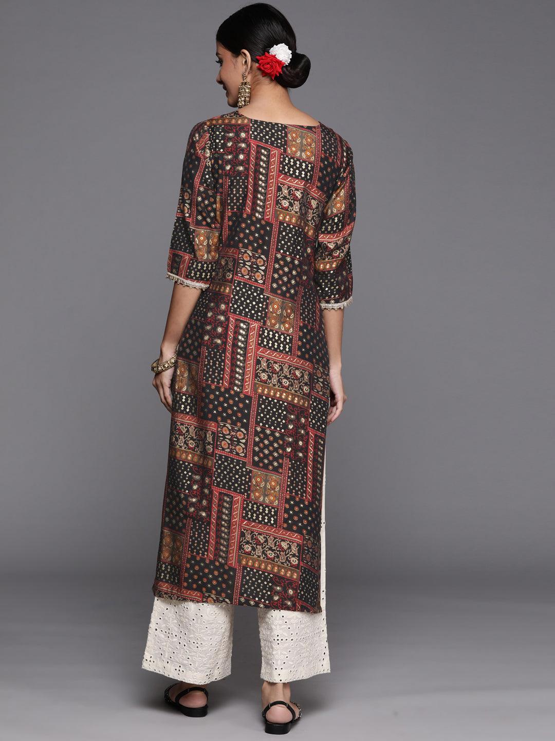Multicoloured Printed Silk Straight Kurta - ShopLibas