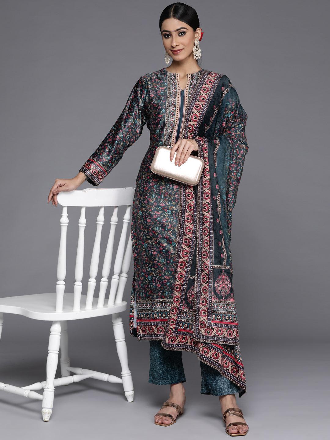 Multicoloured Printed Velvet Straight Suit Set With Trousers - Libas