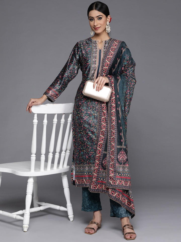 Multicoloured Printed Velvet Straight Kurta With Dupatta