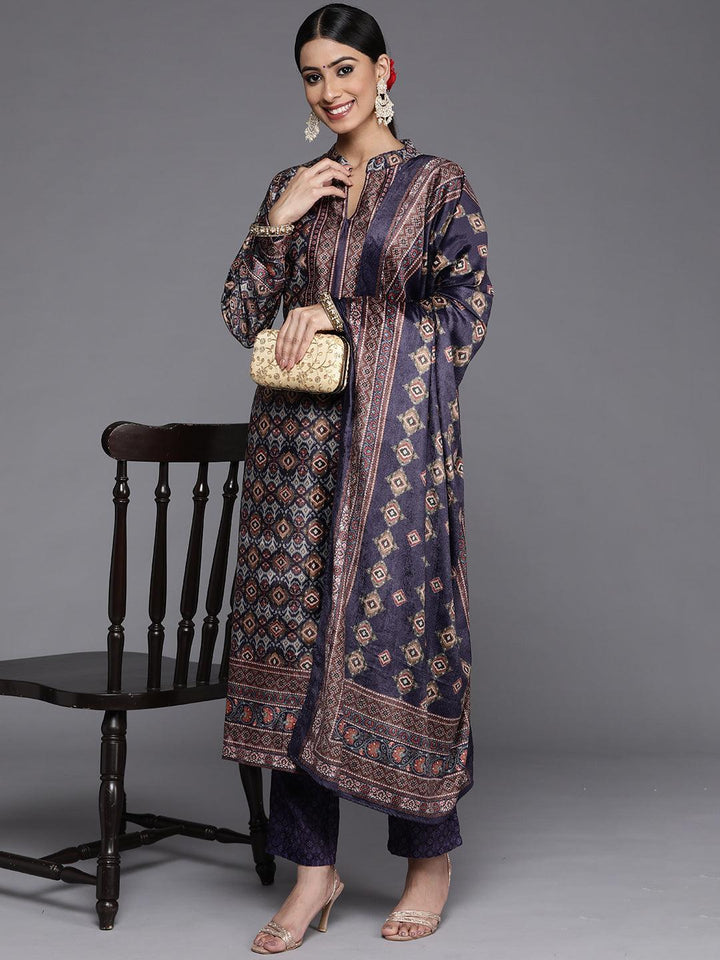Multicoloured Printed Velvet Straight Kurta With Dupatta