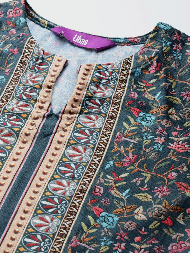 Multicoloured Printed Velvet Straight Kurta With Dupatta
