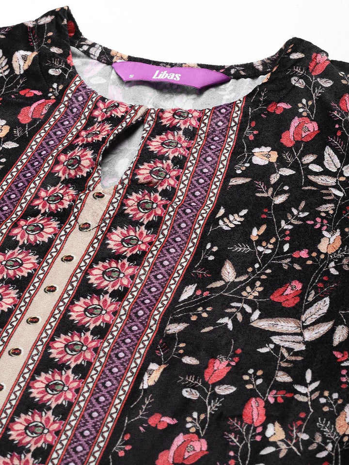 Multicoloured Printed Velvet Straight Kurta With Dupatta
