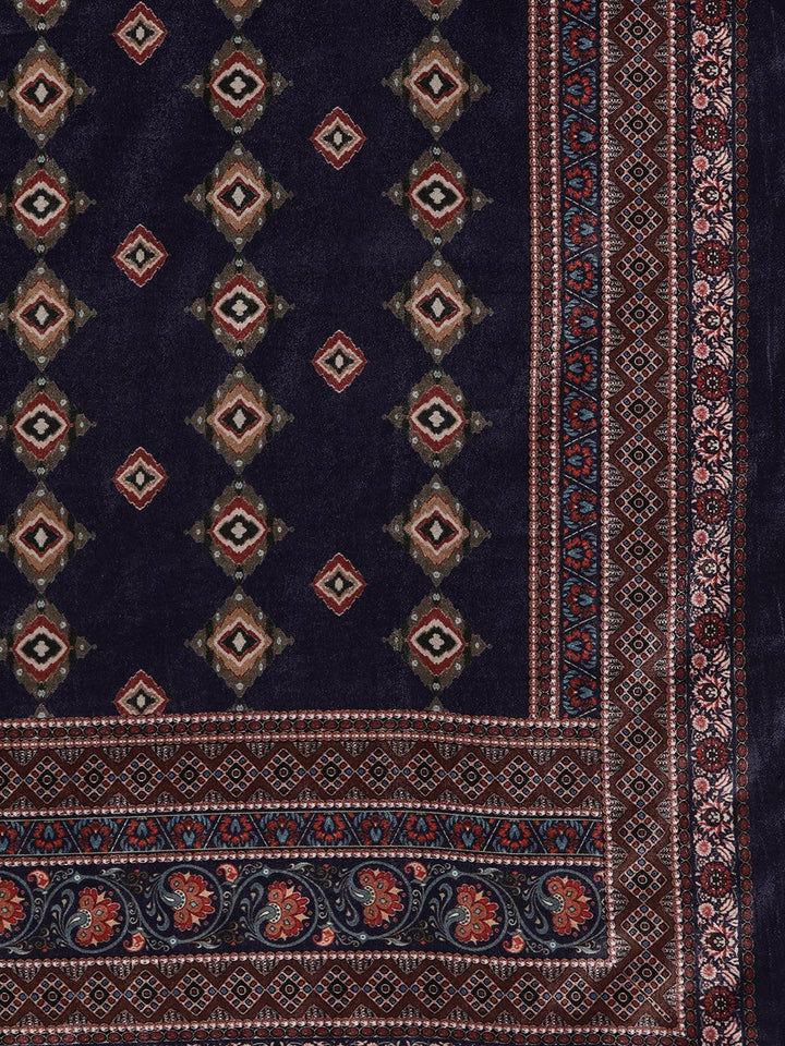 Multicoloured Printed Velvet Straight Kurta With Dupatta