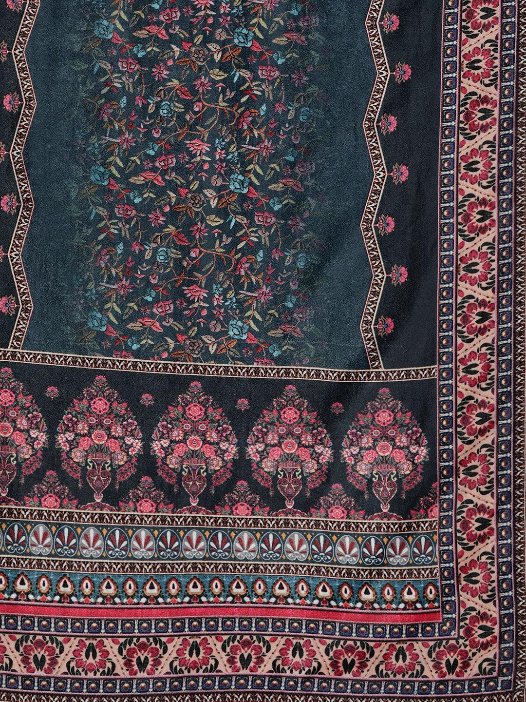 Multicoloured Printed Velvet Straight Suit Set With Trousers - Libas