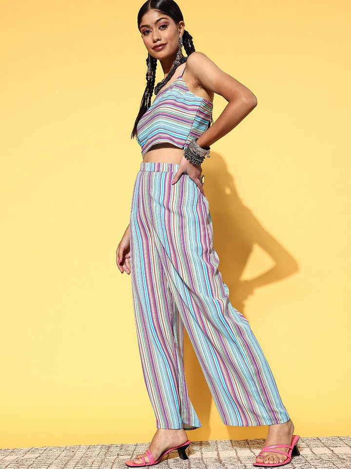 Multicoloured Striped Georgette 3 Piece Co-Ords