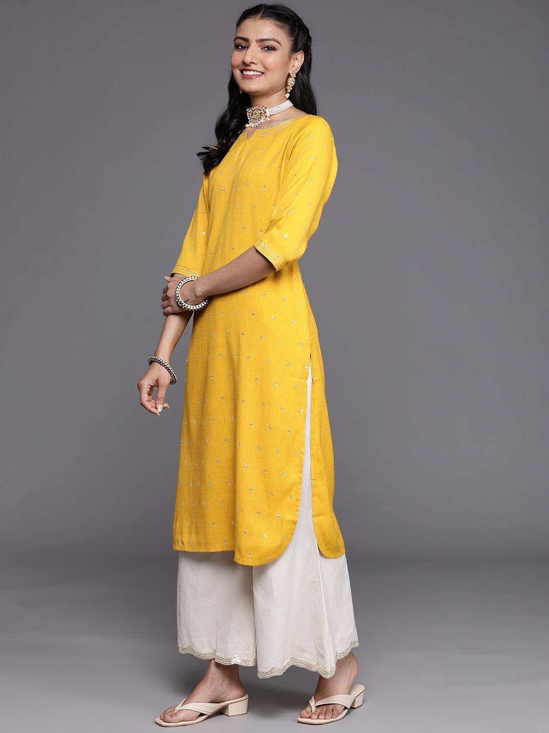 Mustard Embellished Rayon Kurta - ShopLibas