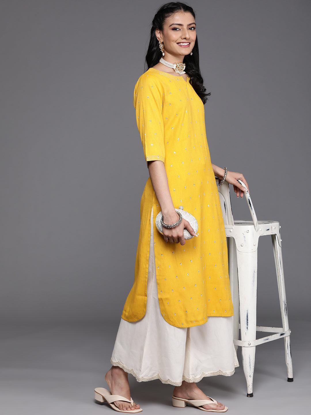 Mustard Embellished Rayon Kurta - ShopLibas