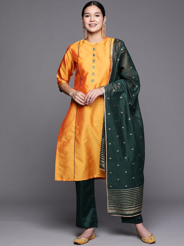 Mustard Embroidered Art Silk Straight Suit Set With Trousers