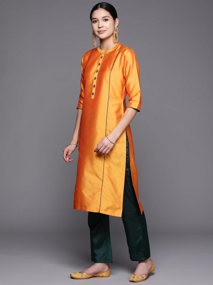 Mustard Embroidered Art Silk Straight Suit Set With Trousers