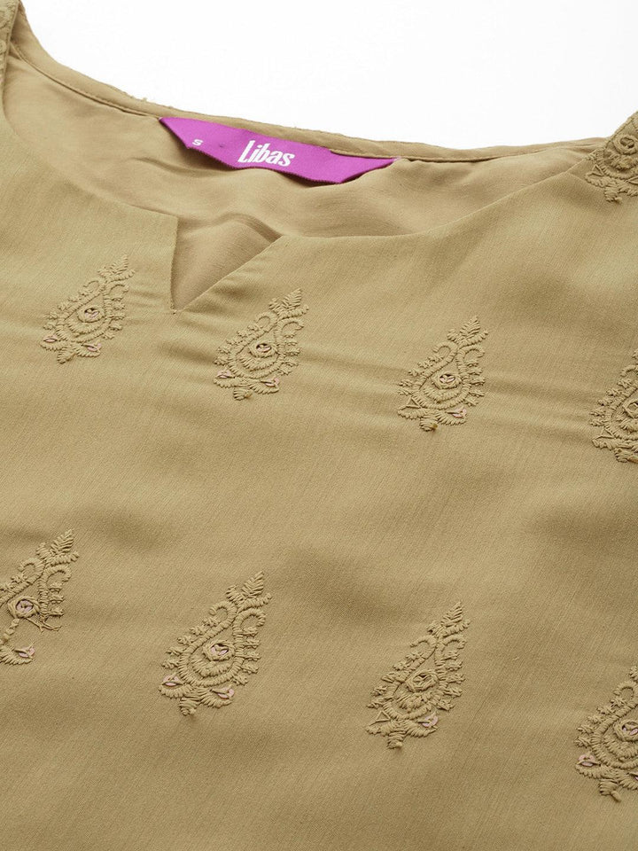 Mustard Embroidered Chanderi Silk Straight Kurta With Trousers & Dupatta