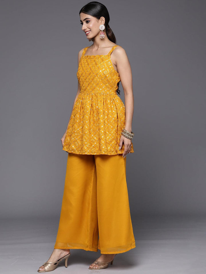 Mustard Embroidered Georgette A-Line Suit Set With Palazzos