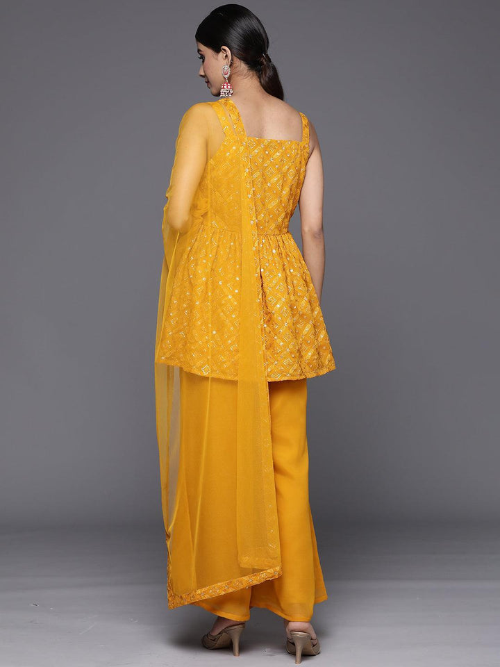 Mustard Embroidered Georgette A-Line Suit Set With Palazzos