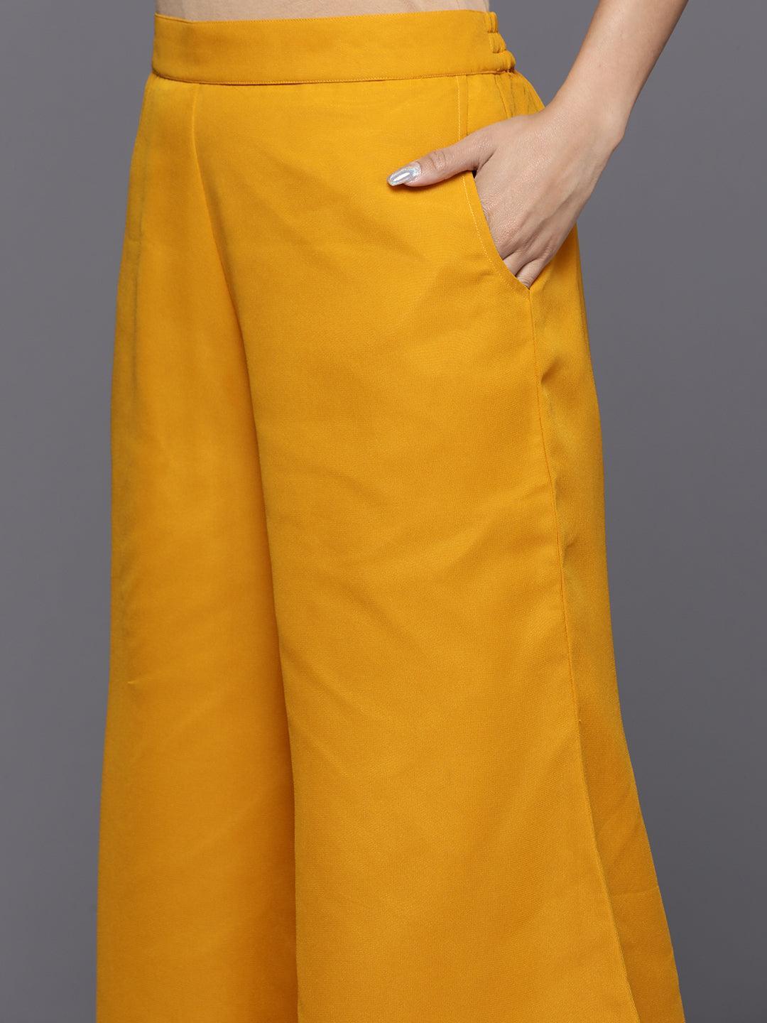 Mustard Embroidered Georgette A-Line Suit Set With Palazzos - ShopLibas