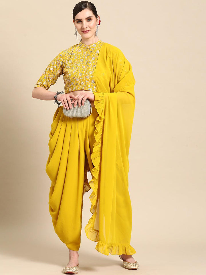 Mustard Embroidered Georgette Dhoti Saree