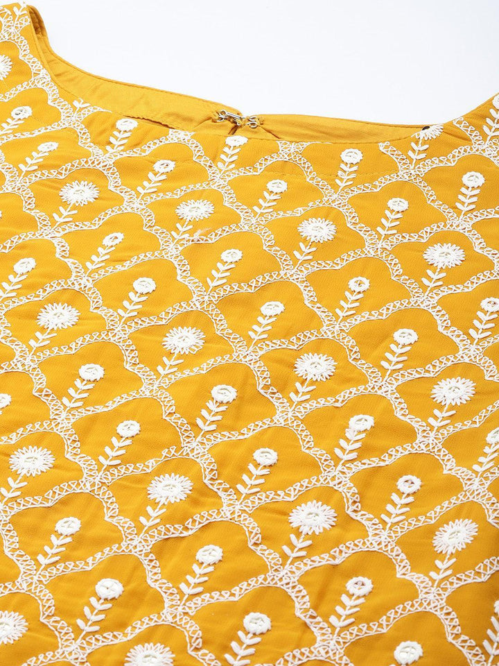 Mustard Embroidered Georgette Straight Kurta With Dupatta