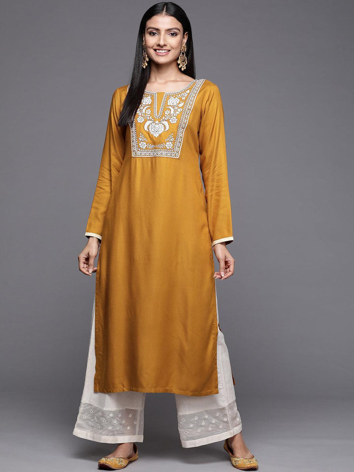 Mustard Embroidered Pashmina Wool Straight Kurta