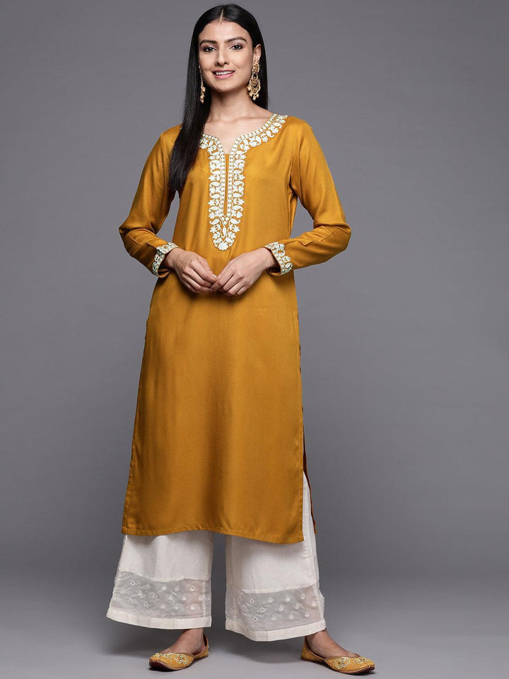 Mustard Embroidered Pashmina Wool Straight Kurta