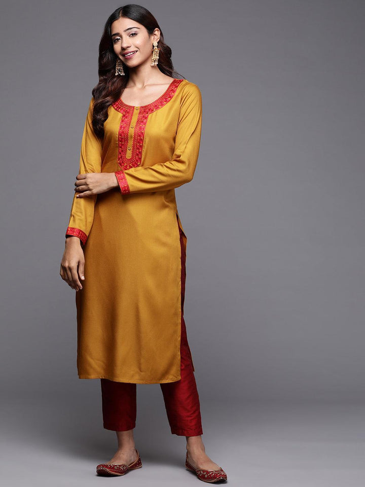 Mustard Embroidered Pashmina Wool Straight Kurta