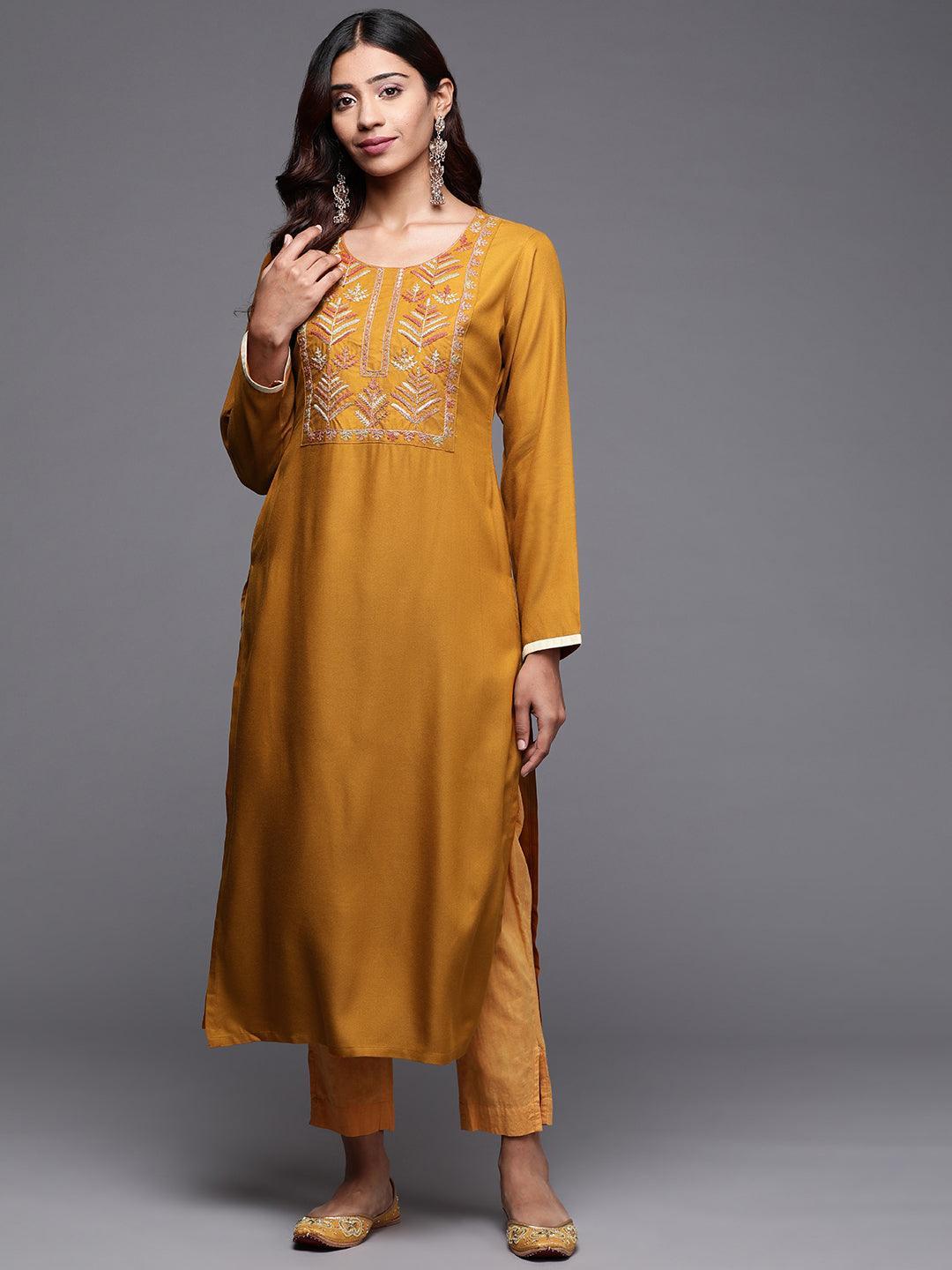 Mustard Embroidered Pashmina Wool Straight Kurta - Libas