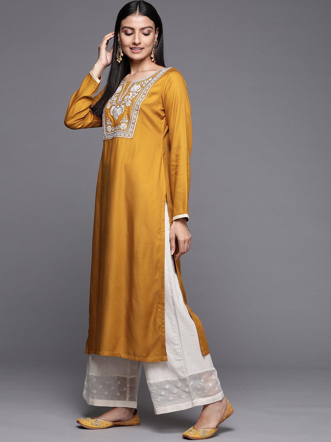 Mustard Embroidered Pashmina Wool Straight Kurta - Libas