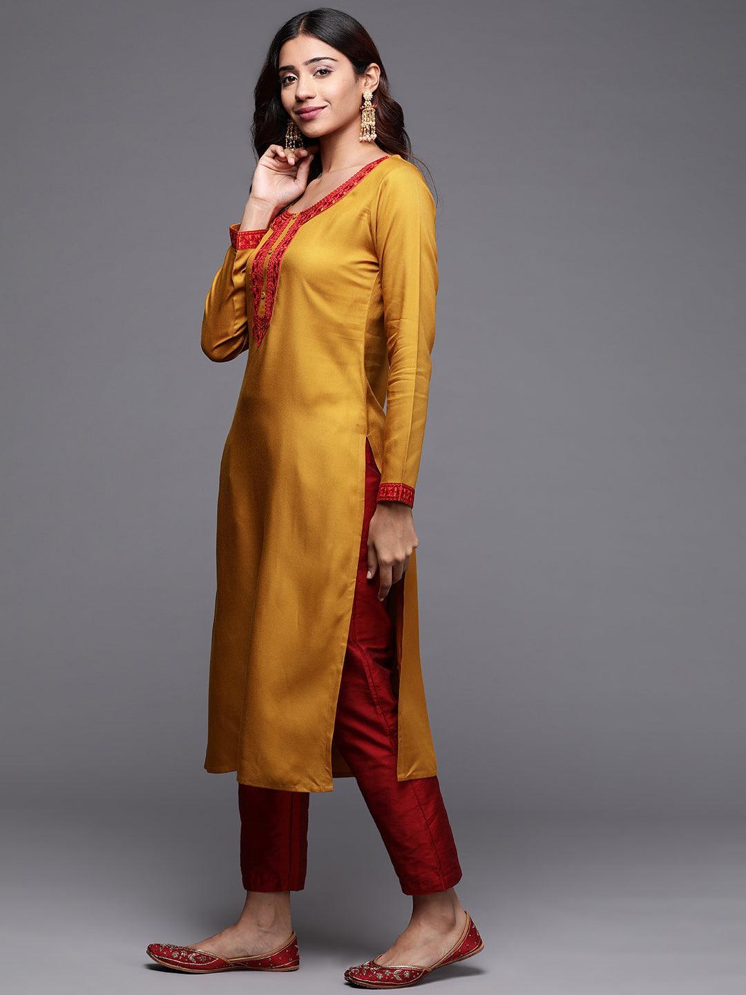 Mustard Embroidered Pashmina Wool Straight Kurta - Libas