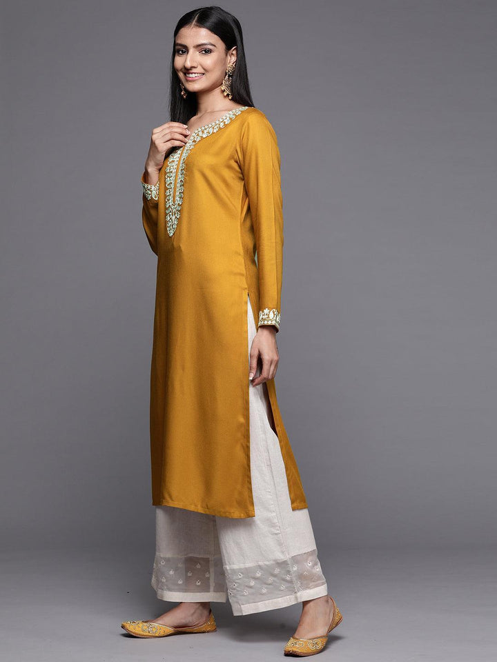 Mustard Embroidered Pashmina Wool Straight Kurta