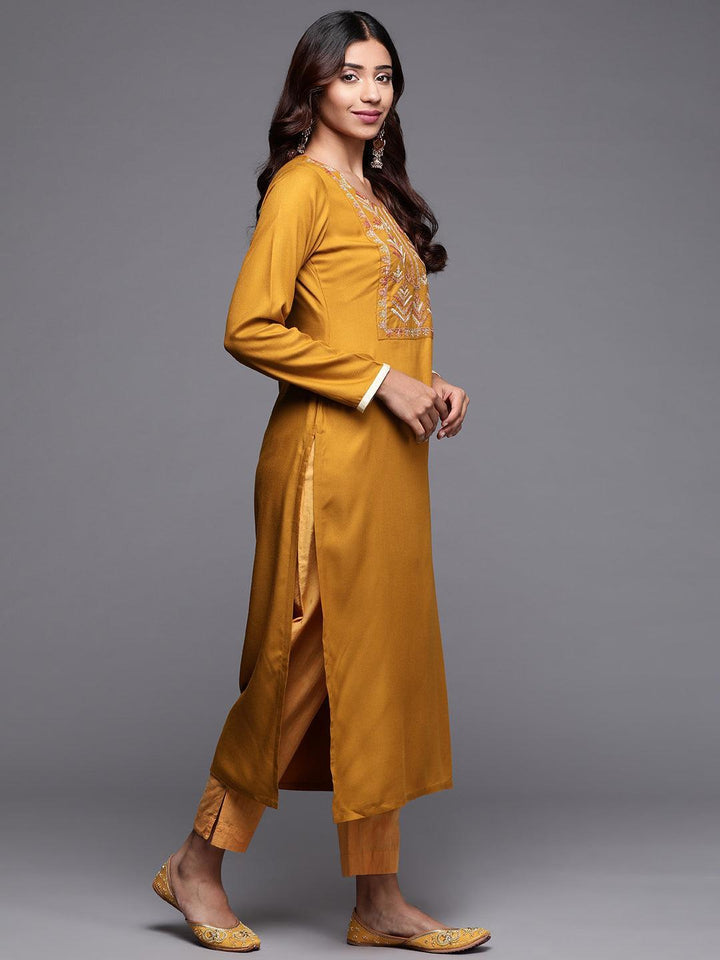 Mustard Embroidered Pashmina Wool Straight Kurta