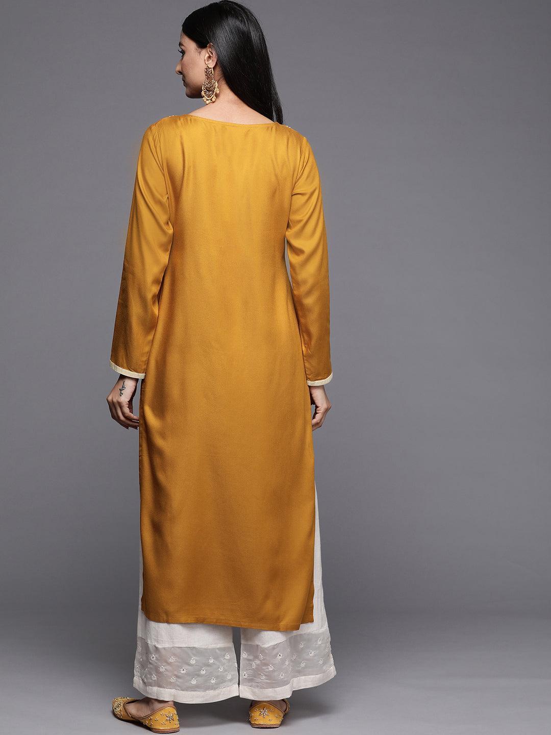 Mustard Embroidered Pashmina Wool Straight Kurta - Libas