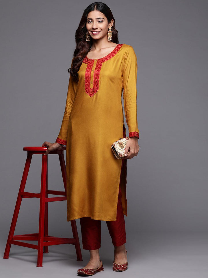 Mustard Embroidered Pashmina Wool Straight Kurta