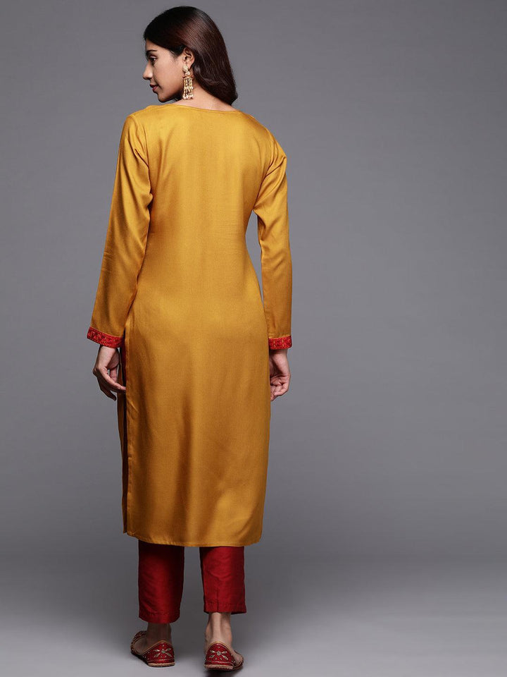 Mustard Embroidered Pashmina Wool Straight Kurta