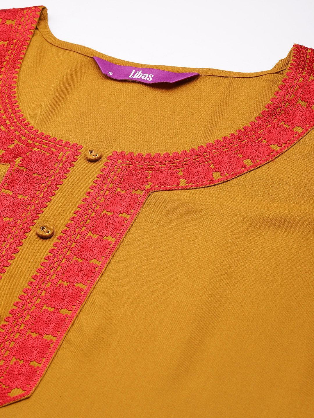 Mustard Embroidered Pashmina Wool Straight Kurta - Libas