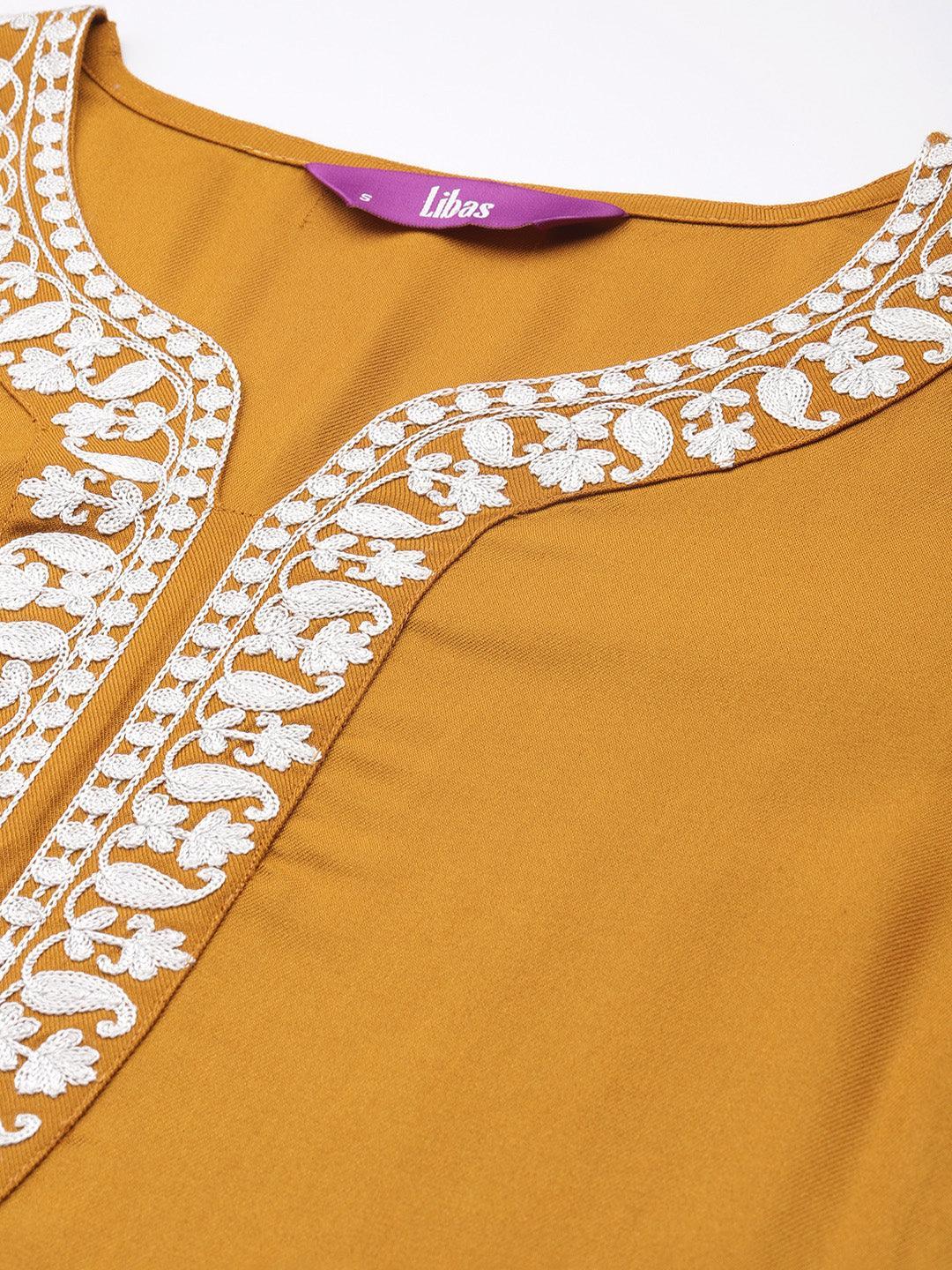 Mustard Embroidered Pashmina Wool Straight Kurta - Libas