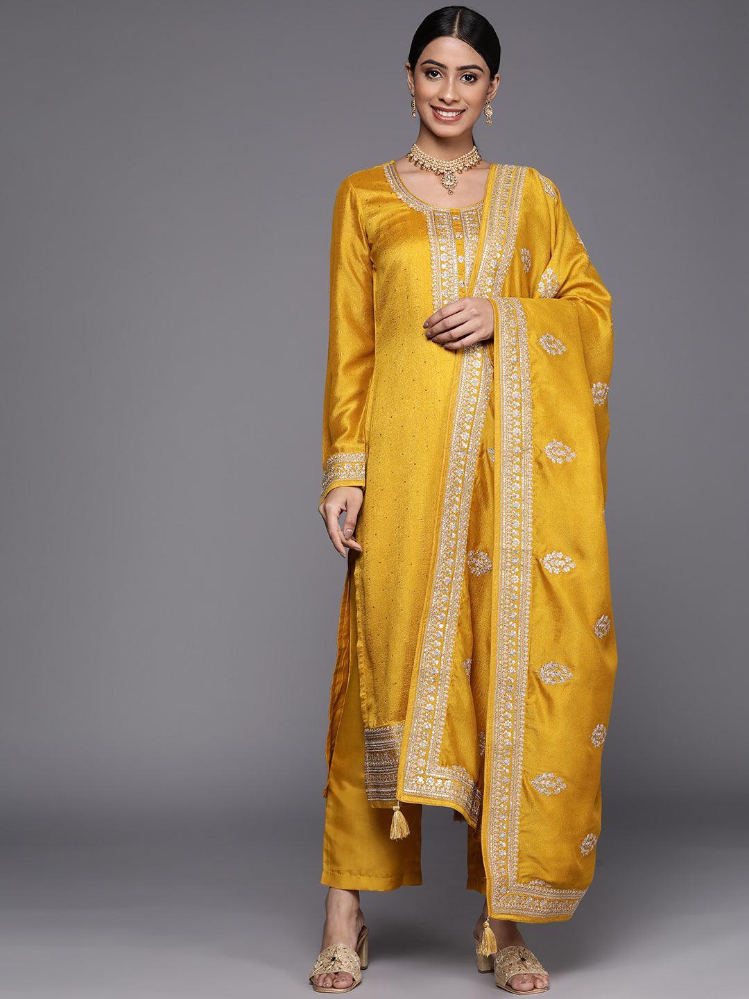 Mustard Embroidered Silk Blend Straight Suit With Dupatta