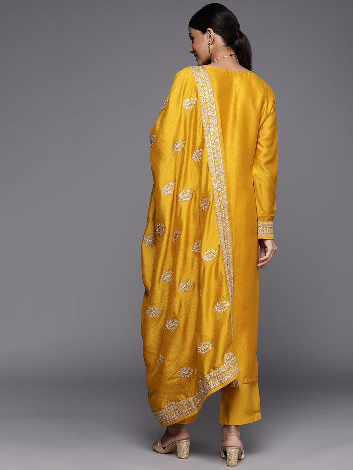 Mustard Embroidered Silk Blend Straight Suit Set
