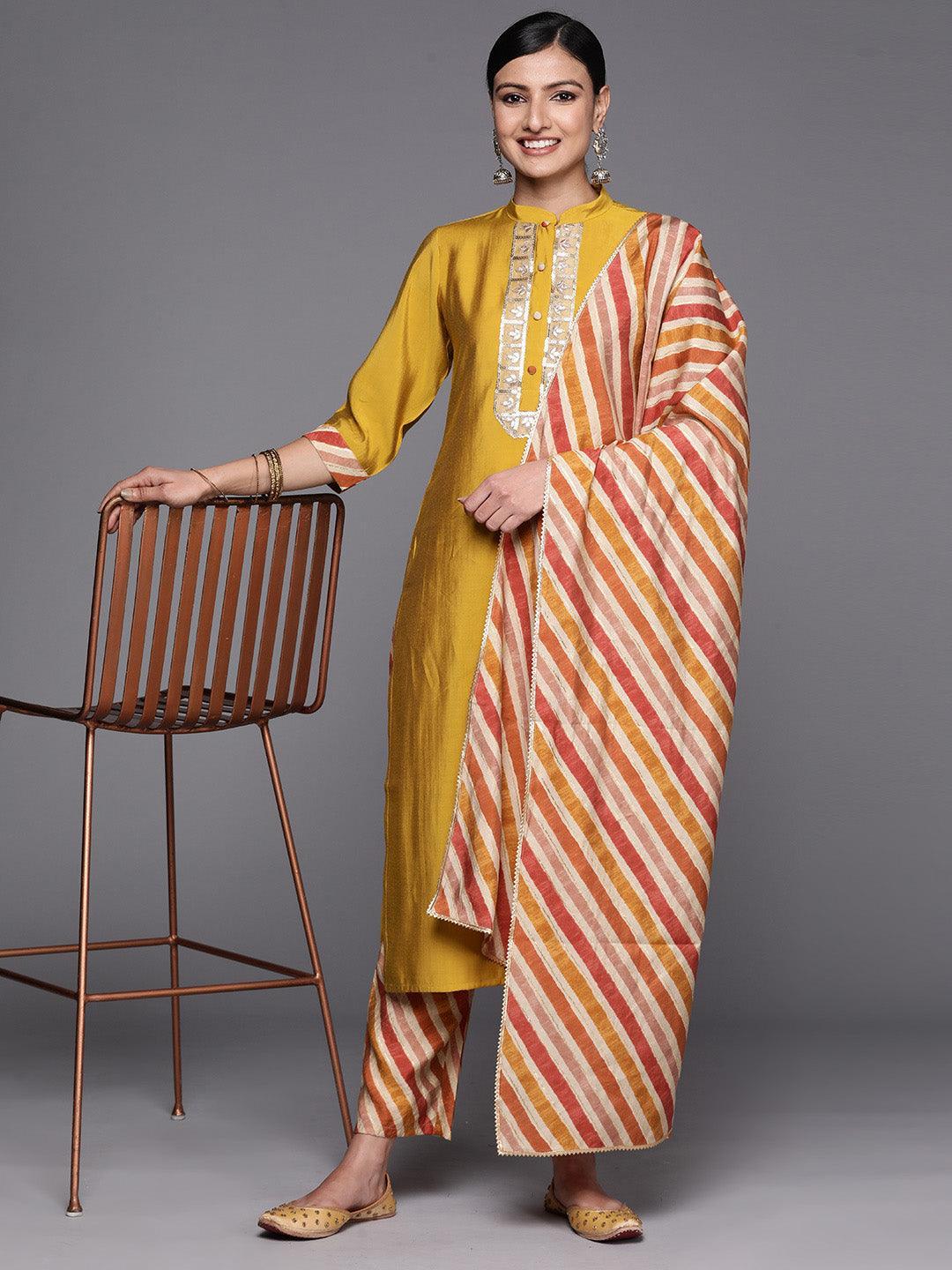 Mustard Embroidered Silk Blend Straight Suit Set With Trousers - ShopLibas