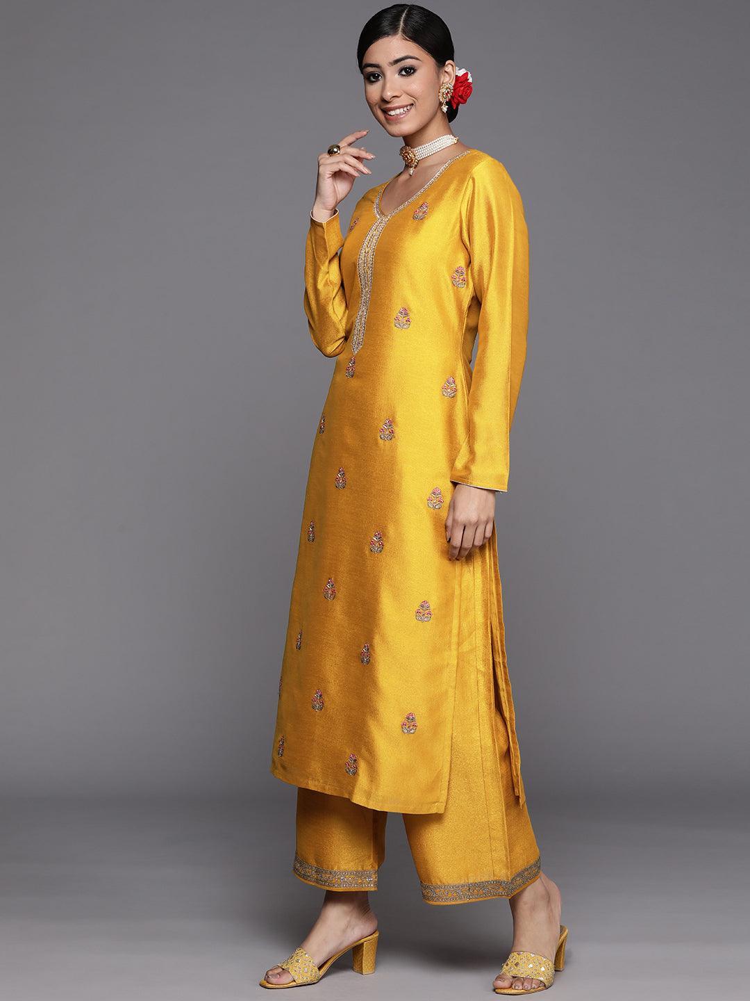 Mustard Embroidered Silk Straight Kurta - ShopLibas