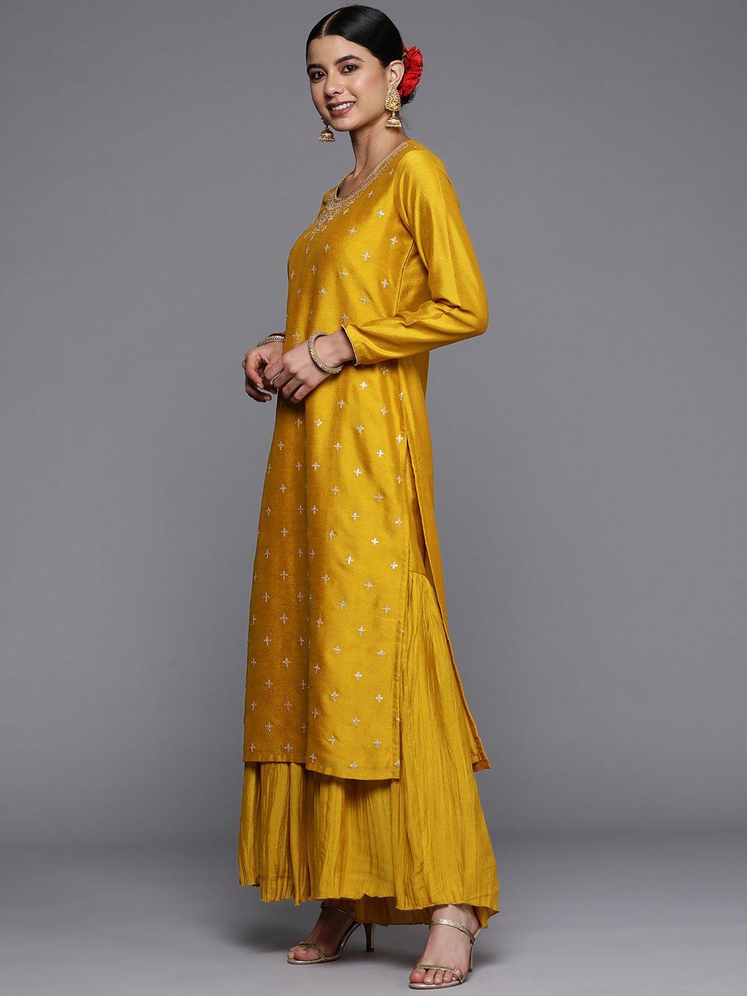 Mustard Embroidered Silk Straight Kurta - ShopLibas