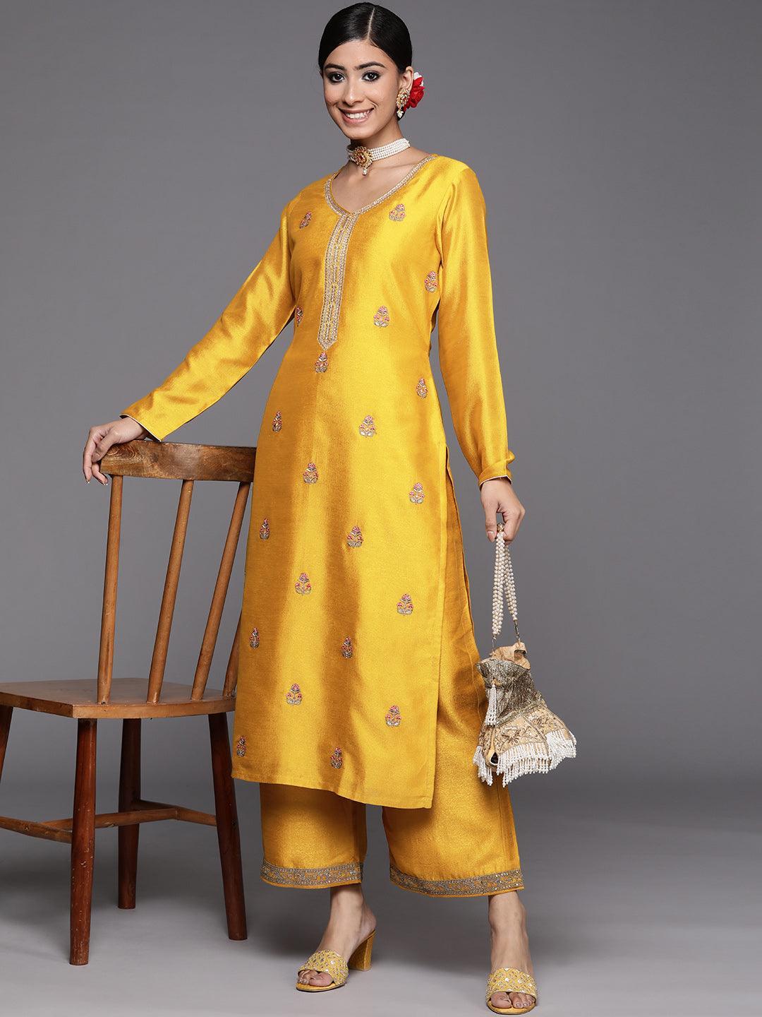 Mustard Embroidered Silk Straight Kurta - ShopLibas