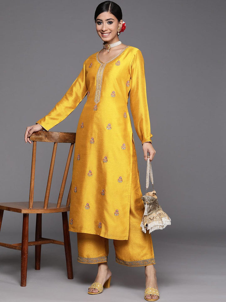 Mustard Embroidered Silk Straight Kurta
